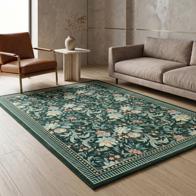 Washable Area Rug, 5x7 Floral Soft Rug for Living Room, Non Slip Low Pile Carpet for Living Room, Bedroom, Dining Room, Green