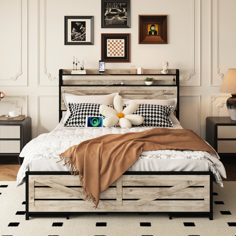 Structure de lit de taille grise avec structure en métal, 12 tiroirs pour accessoires de literie, lumières à DEL et plateforme de chargement pour chambre à coucher, tête de lit avec rangement, éclairage intégré pour articles quotidiens