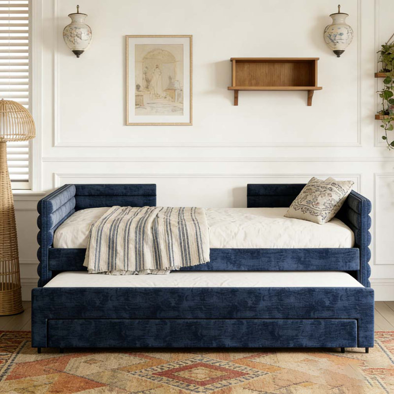 Upholstered Daybed with Trundle and 3 Storage Drawers, Chenille Fabric Sofa Bed for Guest Room, Dark Blue