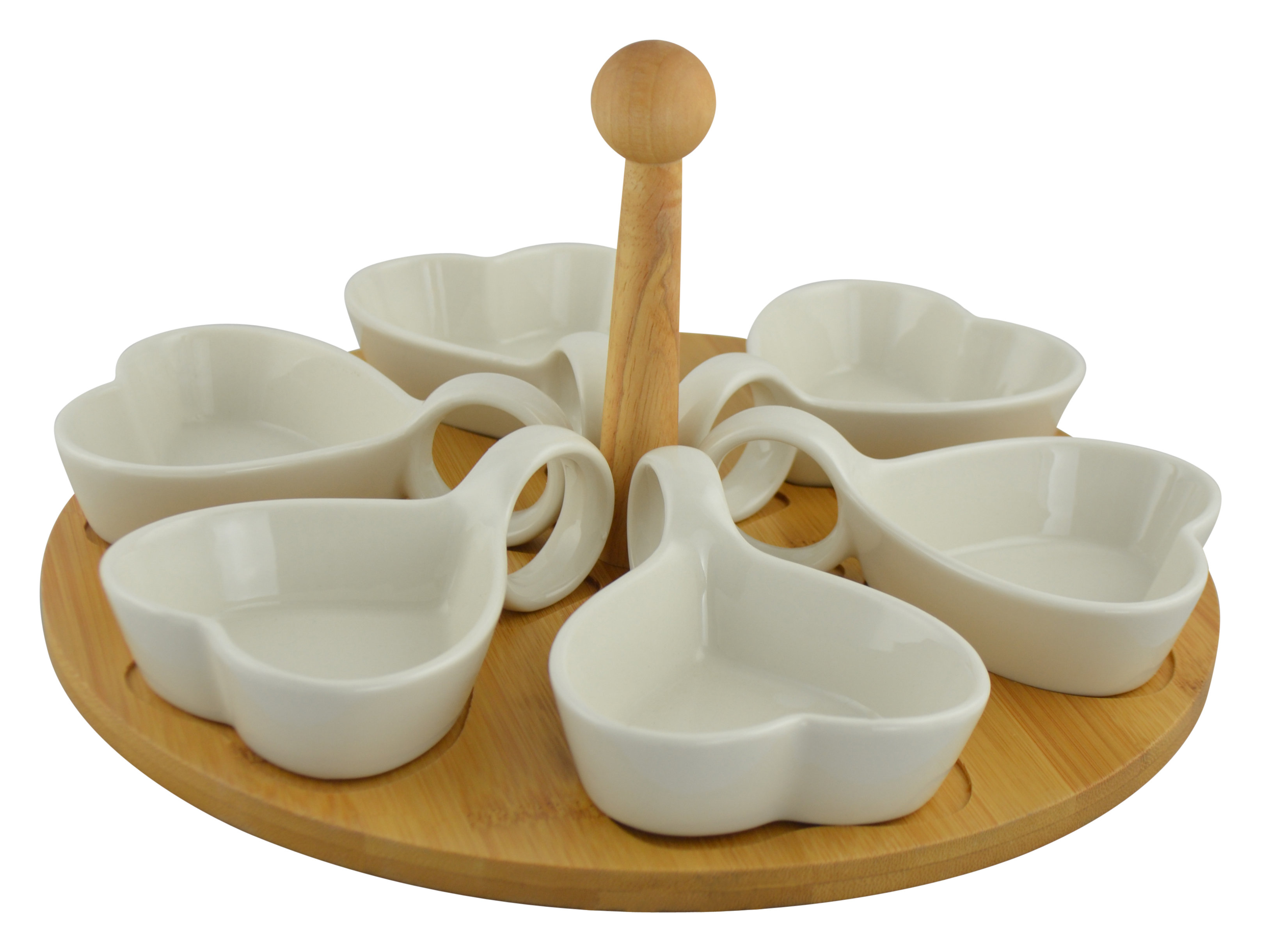 Three Star 6 Compartment Ceramic Condiment Tray with Bamboo Tray and
