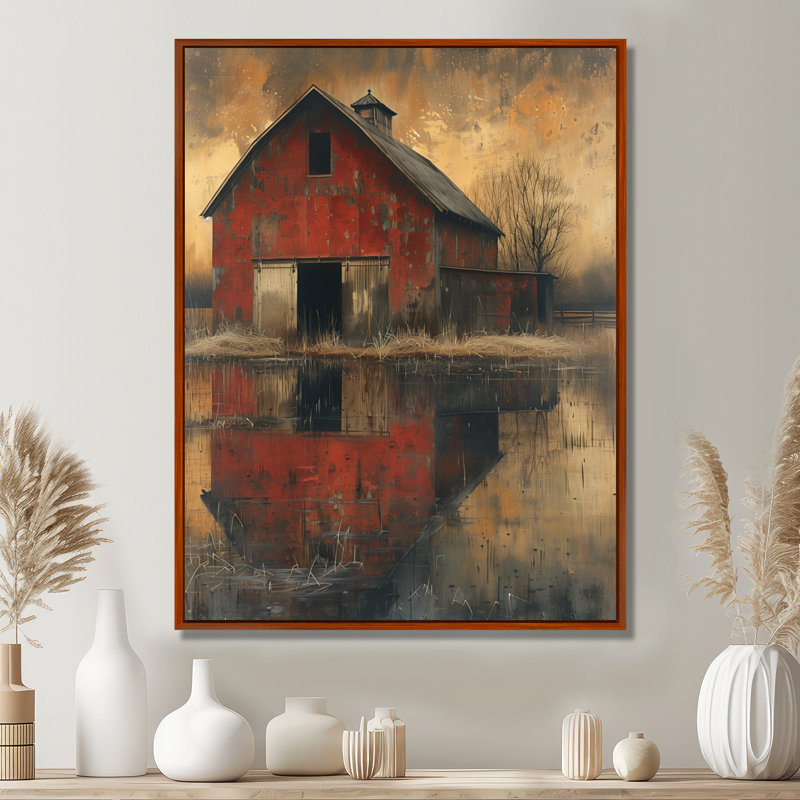 Ancienne grange rétro rouge brun rétro - Art mural de grange, Toile avec cadre flottant brun, H 32 po x l 24 po x P 1 po