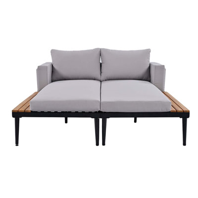 Vianette Outdoor Patio Daybed Metal Double Chaise Lounge with Side Wood Tabletop for Drinks
