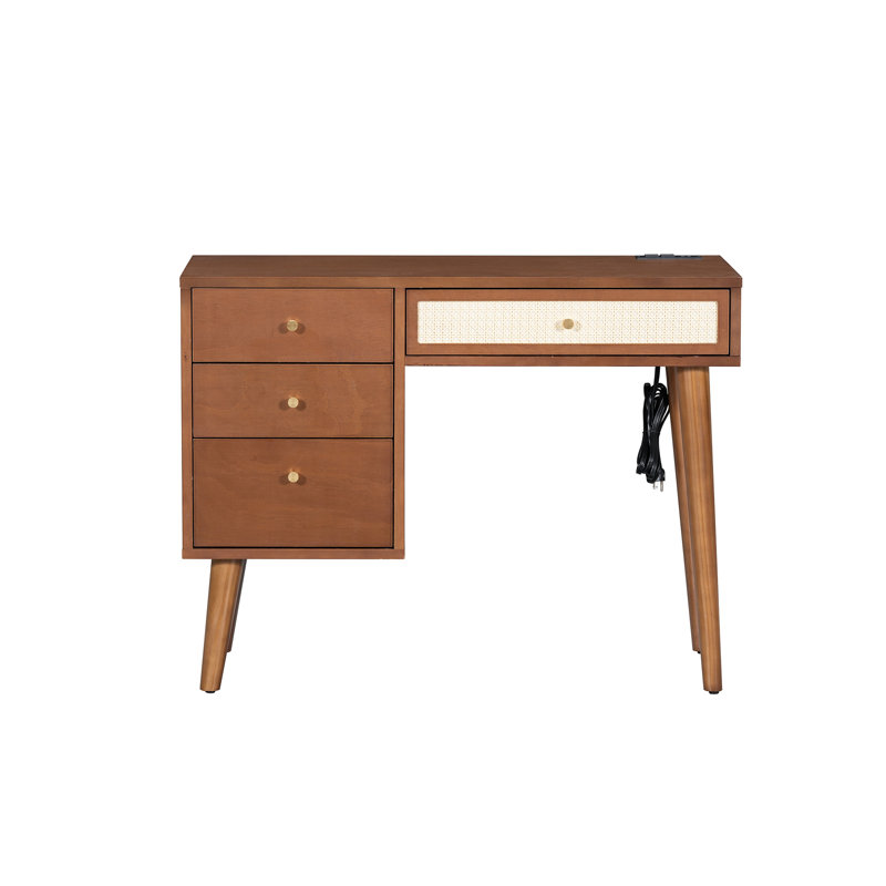 39" Retro Bohemian Wooden Makeup Vanity Set With Stool, 3 Drawers & USB Charging, Walnut, Walnut
