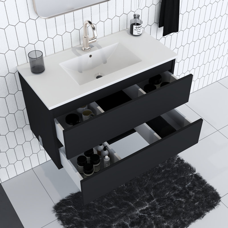 Ensemble de meuble-lavabo mural flottant en céramique 36 po Salt [18D], Noir lustré