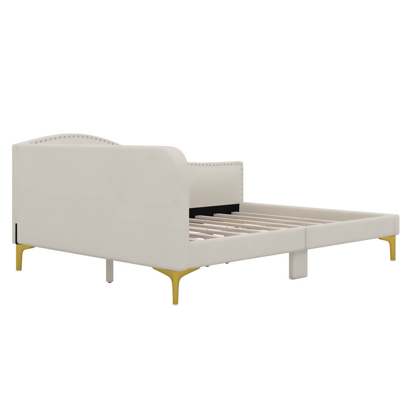 Full Upholstered Daybed With Headboard And Armrest, Beige