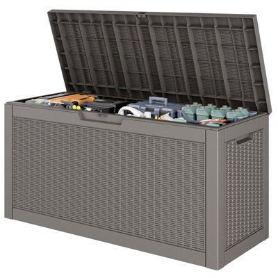 Coffre de terrasse en résine 75 gallons - Rangement extérieur résistant aux intempéries avec couvercle verrouillable et design en rotin