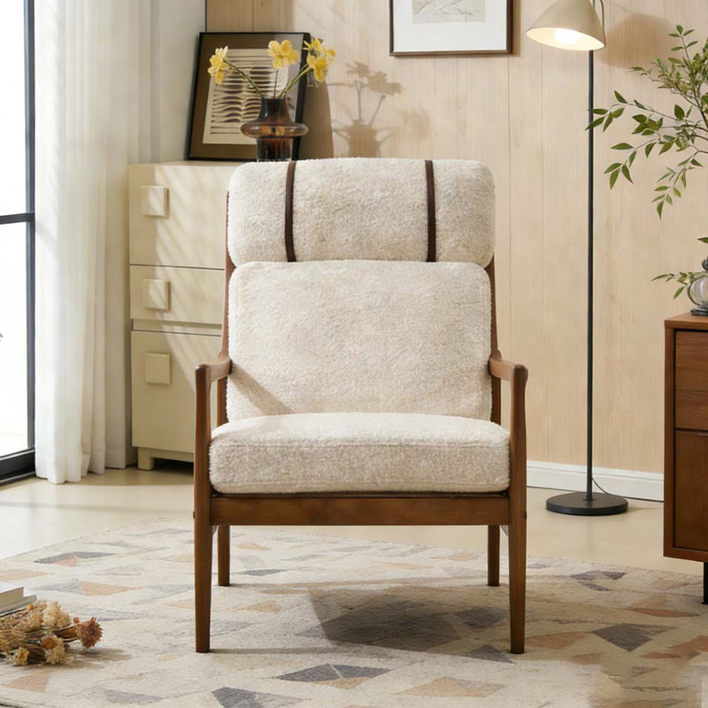 Modern Accent Armchair, Solid Wood Frame with High Back, Boucle, Beige,Walnut