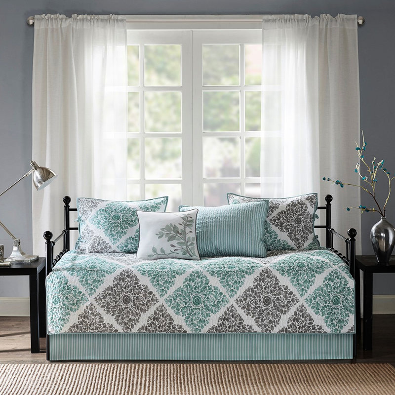 Housse de lit de jour - 6 pièces pour lit simple réversible, 3 taies décoratives, 1 coussin décoratif, housse, 6 pièces de style contemporain