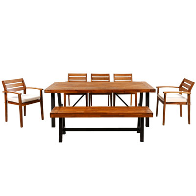 Ensemble de salle à manger d'extérieur en bois pour 7 à 8 personnes, ensemble de salle à manger de patio avec coussins, chaises et banc amovibles
