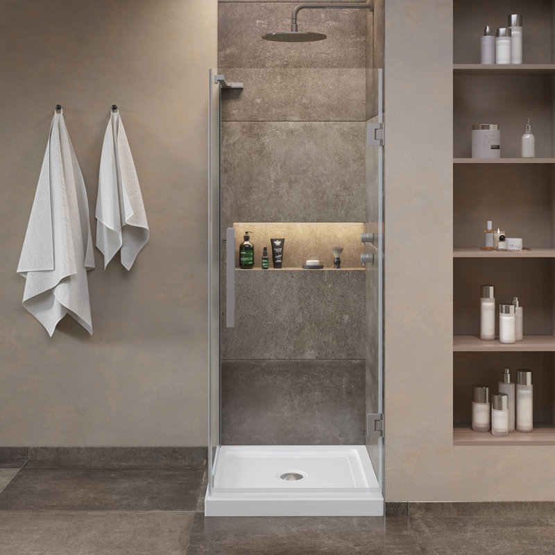 Ensemble de porte de douche à charnière d'angle sans cadre en nickel satiné OVE Breeze P 32 po x P 32 po x H 74 3/4 po OVE