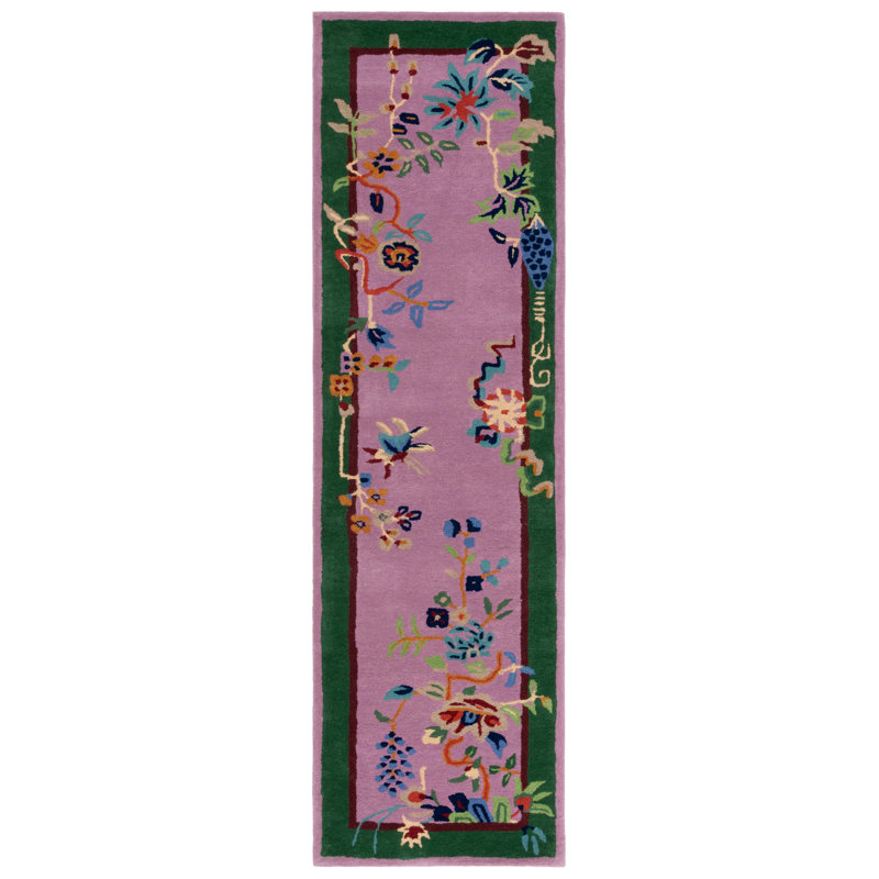 Tapis floral en laine / coton touffeté à la main Phaong - mauve / vert, Tapis de couloir 2 pi 3 po x 9 pi