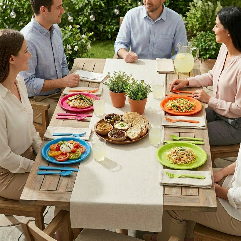  16 Piece Reusable Plastic Dinnerware Set for 4 – Microwavable & Dishwasher Safe Assorted Colour Plates, and Cutlery for Party, Picnic, Camping, Outdoor Gathering & Everyday Dining