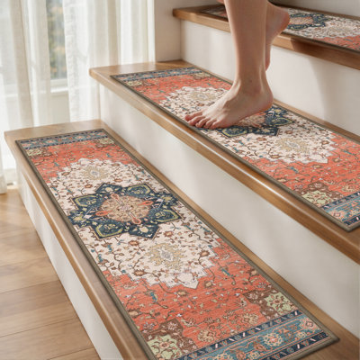 Non-Slip Red 8" x 30" Indoor Stair Treads with Vintage Medallion Pattern Set of 15