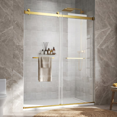 56–60" W X 76" H Double Sliding Shower Door 3/8”(10mm) Tempered Glass And Stainless Steel Hardware Brushed Gold