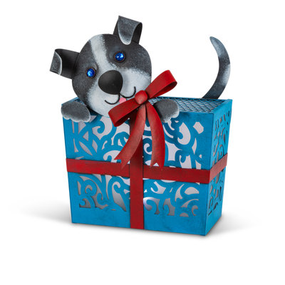 Luminous 12.6 in H Solar Lighted Metal Puppy in Present