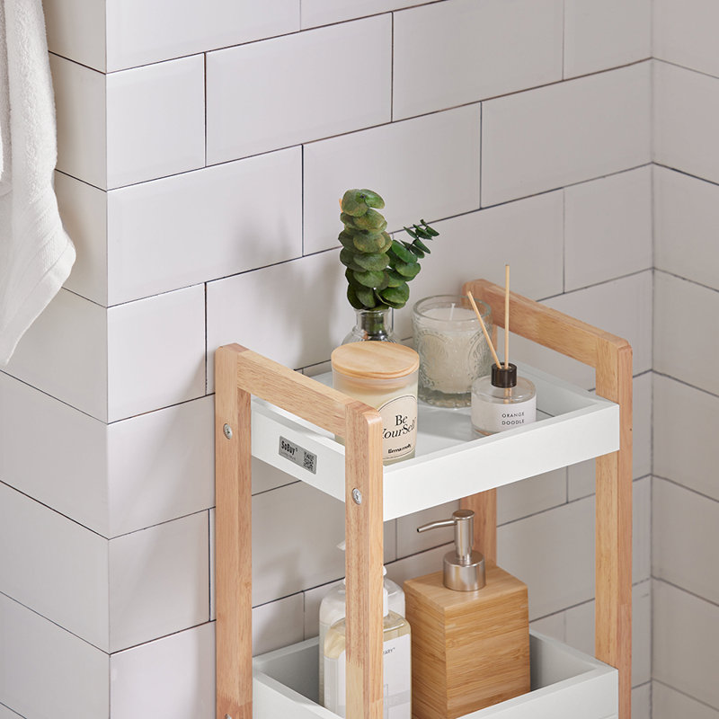 Organisateur de salle de bain autoportant à 3 niveaux avec structure en acier pour salle de bain, blanc et naturel 