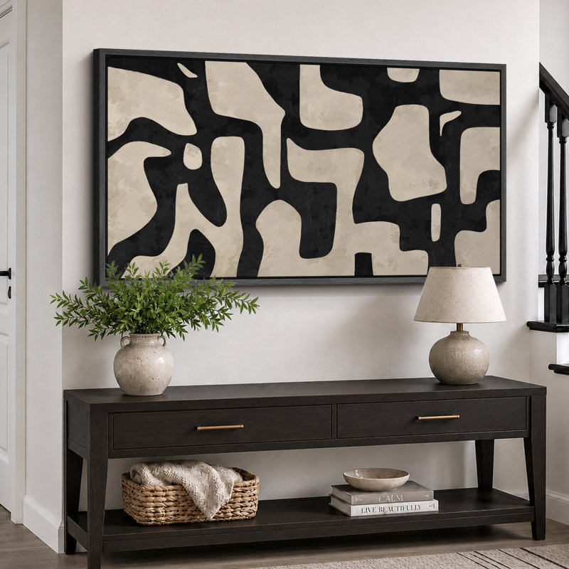 Mid Century Shape Abstract Contours, Black And White Beige Artwork, Retro Bedroom Home Decor, Extra Large Framed Canvas Print Wall Art
