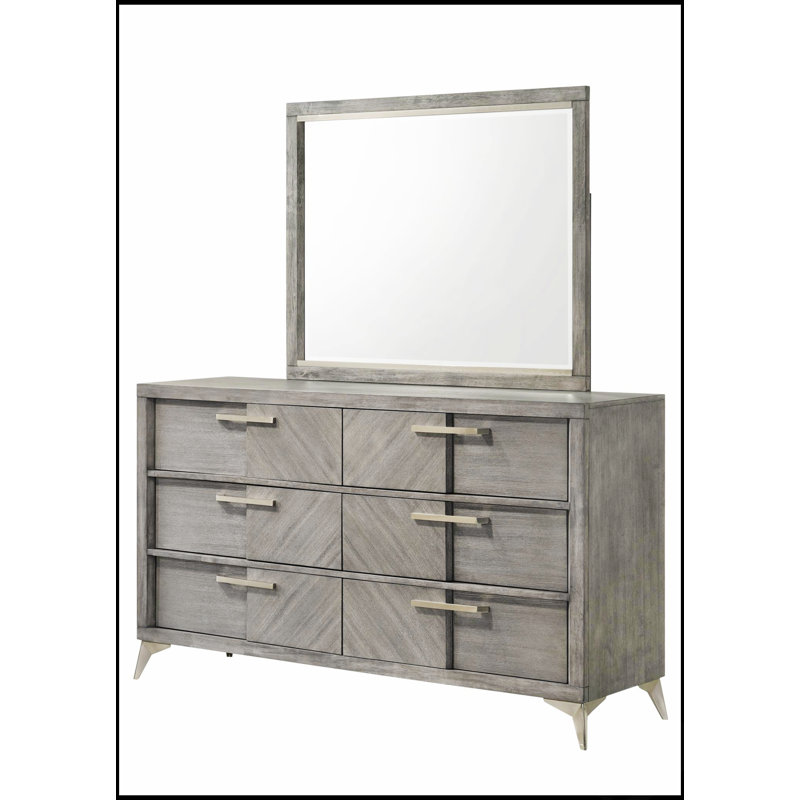 Elegant Gray Landscape Mirror With Beveled Glass For Dresser Mounting, Perfect For Modern And Traditional Decor.