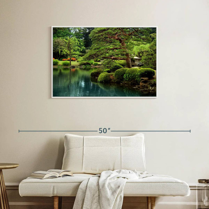 Zen Lakeside Bonsai Trees, Floating Frame White, 37" X 25"