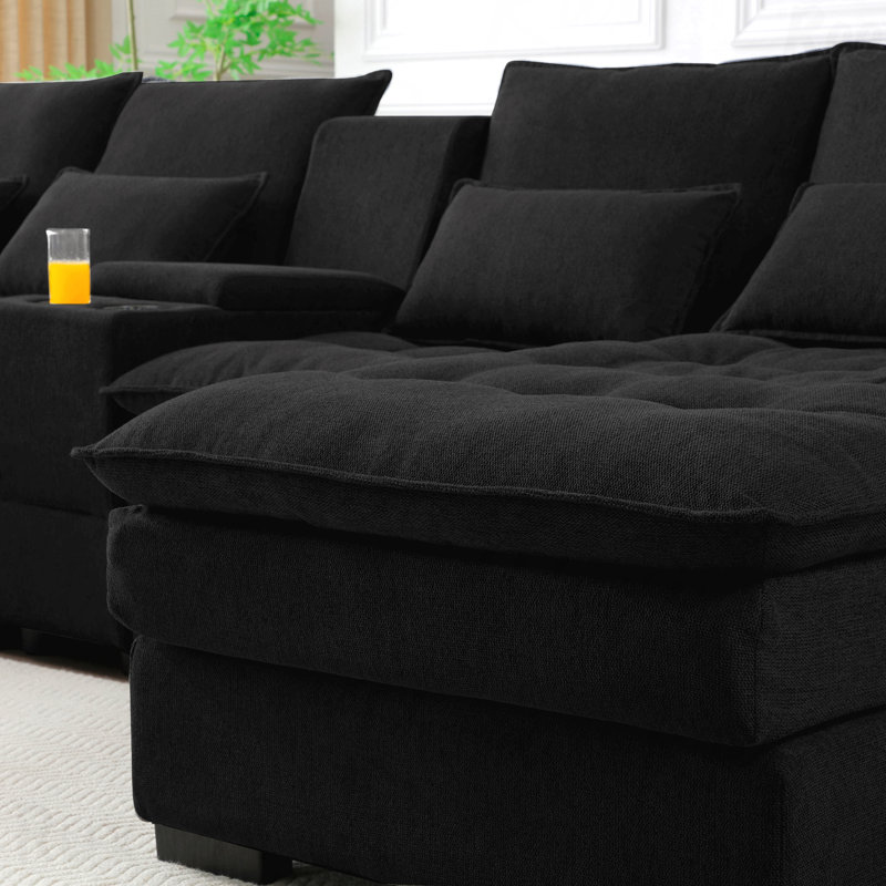 Ensemble de canapé-lit en forme de U 130 "- Console, porte-gobelets, 6 sièges, méridienne, mobilier principal, Noir