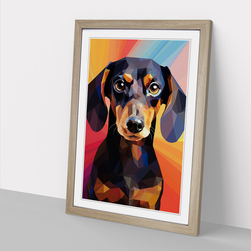 Dachshund Geometric - Single Picture Frame Print on Wood, Oak Framed, 34cm H x 25cm W