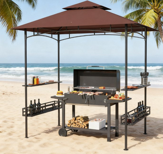 Pavillon de jardin extérieur à 2 niveaux pour barbecue, pavillon de barbecue pour barbecue, avec 2 tablettes latérales, paniers de rangement, crochet de plafond