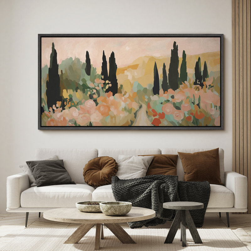 Tuscany Garden Abstract Landscape Framed Canvas Wall Art - Mediterranean-Inspired Floral Scene for Dining Room or Hallway
