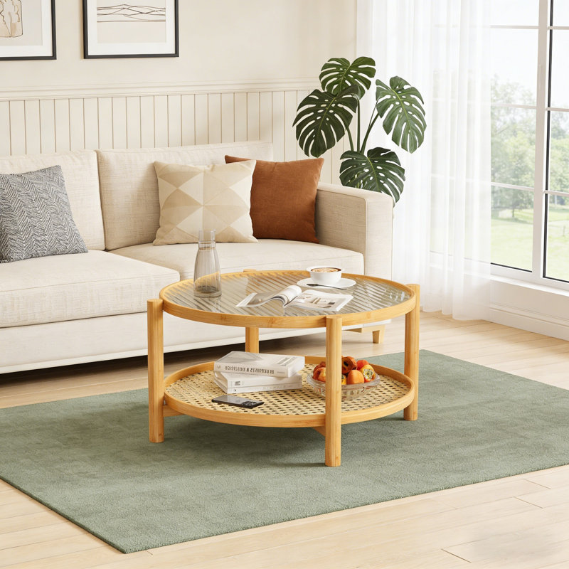 Table basse ronde en rotin 27 po, table basse en bambou à 2 niveaux avec plateau en verre 27 po
