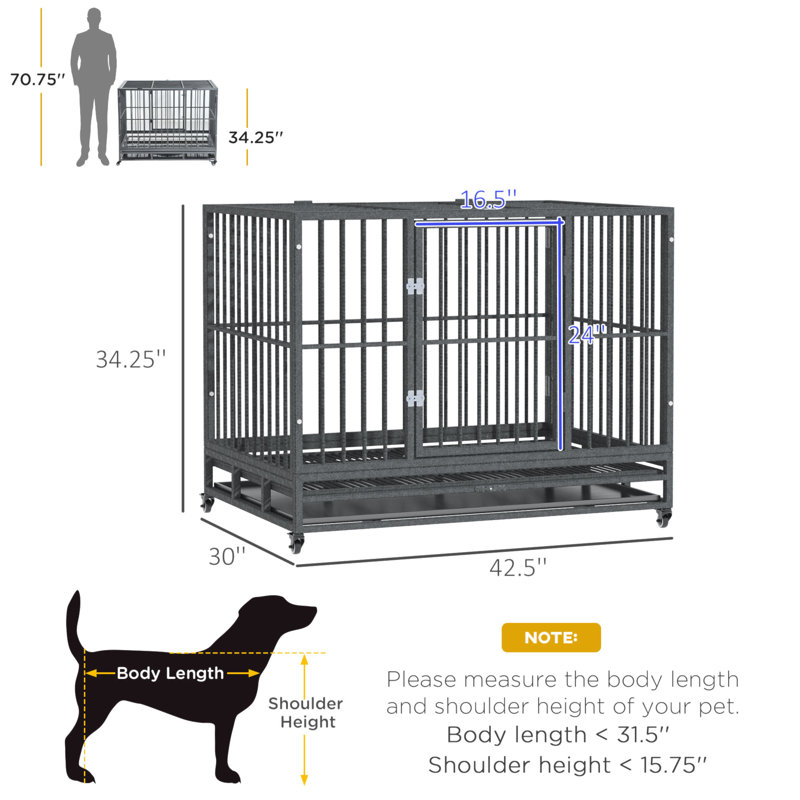 Large Gray Rolling Metal Dog Crate with Double Doors