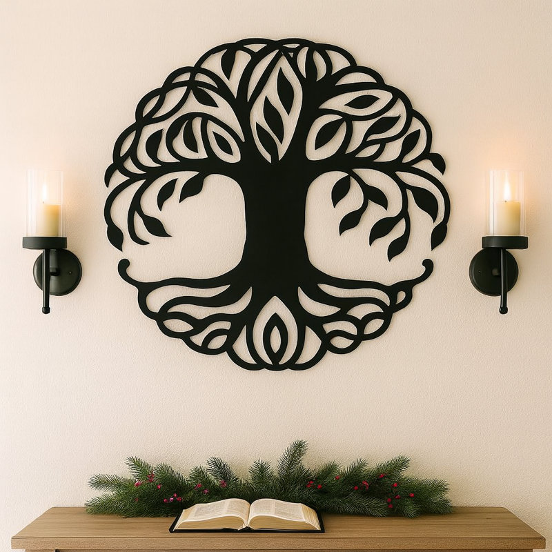 Handmade Traditional Plants & Flowers Wall Decor on Metal, 18" H x 18" W x 0.25" D, Flat Black