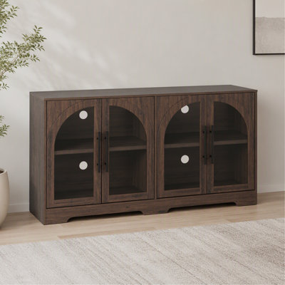 Console en noyer avec poignées en métal et tablettes réglables en verre trempé pour salon rustique
