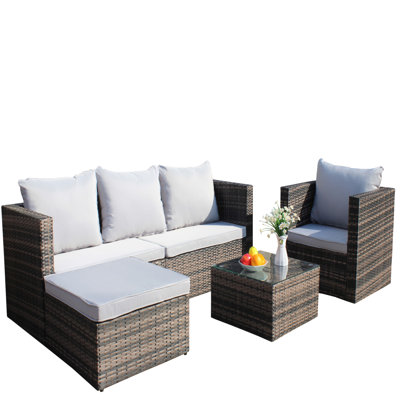 Ensemble de canapé et de table basse en osier de rotin 4 pièces avec ensemble de meubles de patio et canapé d'extérieur (coussin gris peu profond)