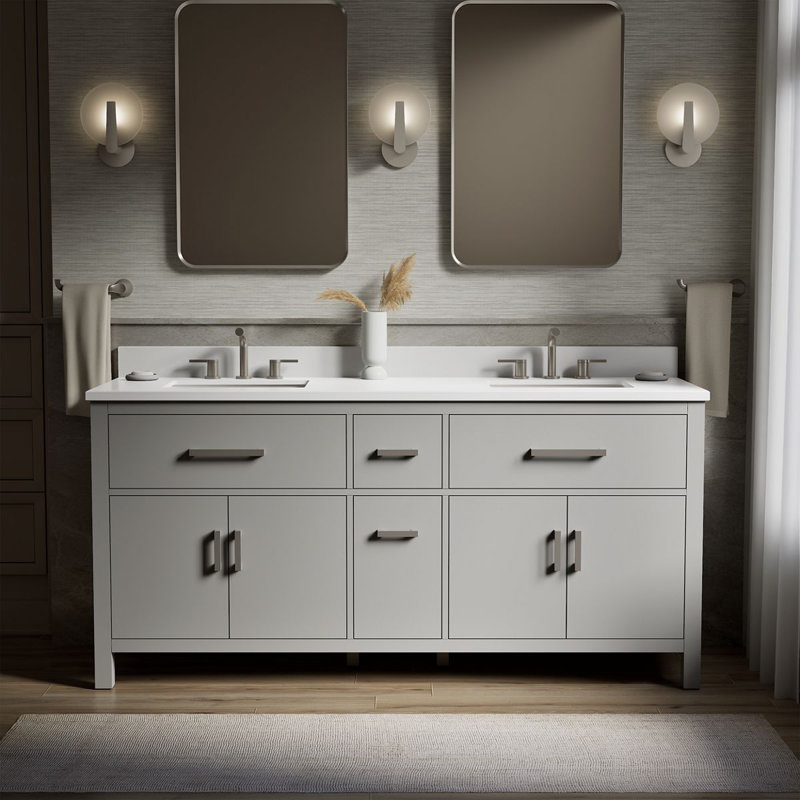 Kresla Bathroom Vanity Cabinet With Sinks And Quartz Top, Atmos Gray, Brushed Nickel, 72"