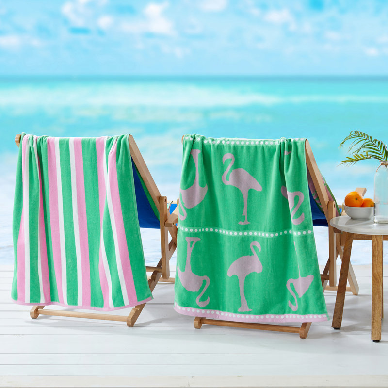 Ensemble de serviettes de plage 100% coton, Vert / rose