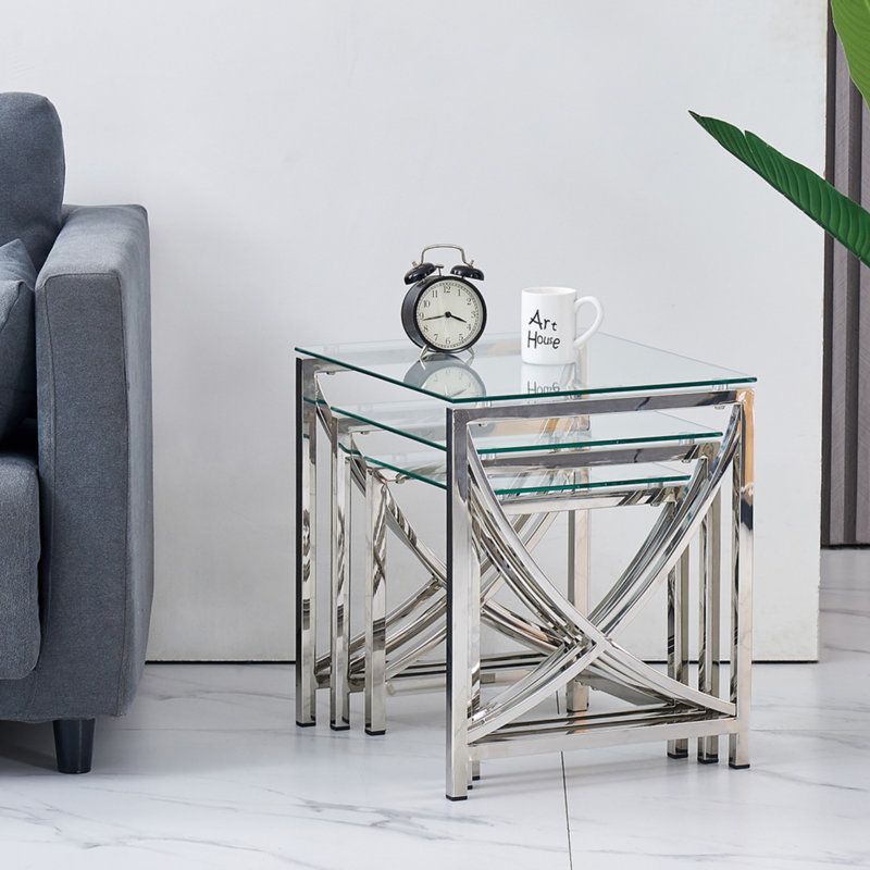 Modern Stainless Steel Nesting Tables With Tempered Glass Top Set of 3 For Living Room (Curve), Chrome/Clear