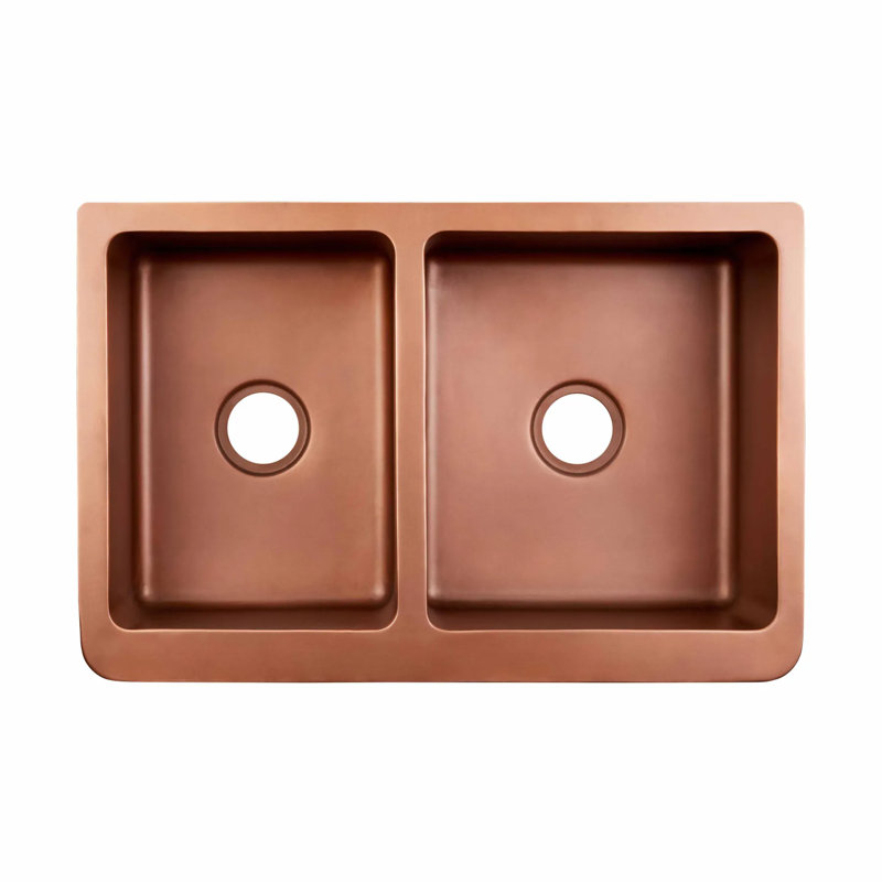 33" Vine Design 60/40 Offset Double-Bowl Copper Farmhouse Sink