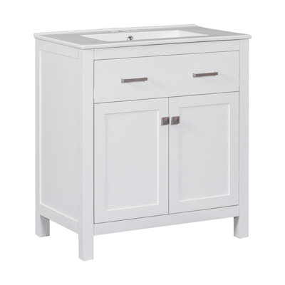 Meuble-lavabo de 30 po avec lavabo en céramique, armoire de salle de bain simple verte moderne avec 2 portes et une tablette, portes à fermeture douce