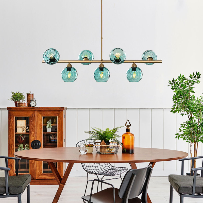 Elegant Blue and Gold Chandelier, Metal Body, 43.3 x 15.7 x 33.1 inches | 7 x E27 Sockets (Max 40W, Bulbs Not Included) | Stylish Lighting Fixture for Dining Room, Living Room, and Entryway, IP20 Rated