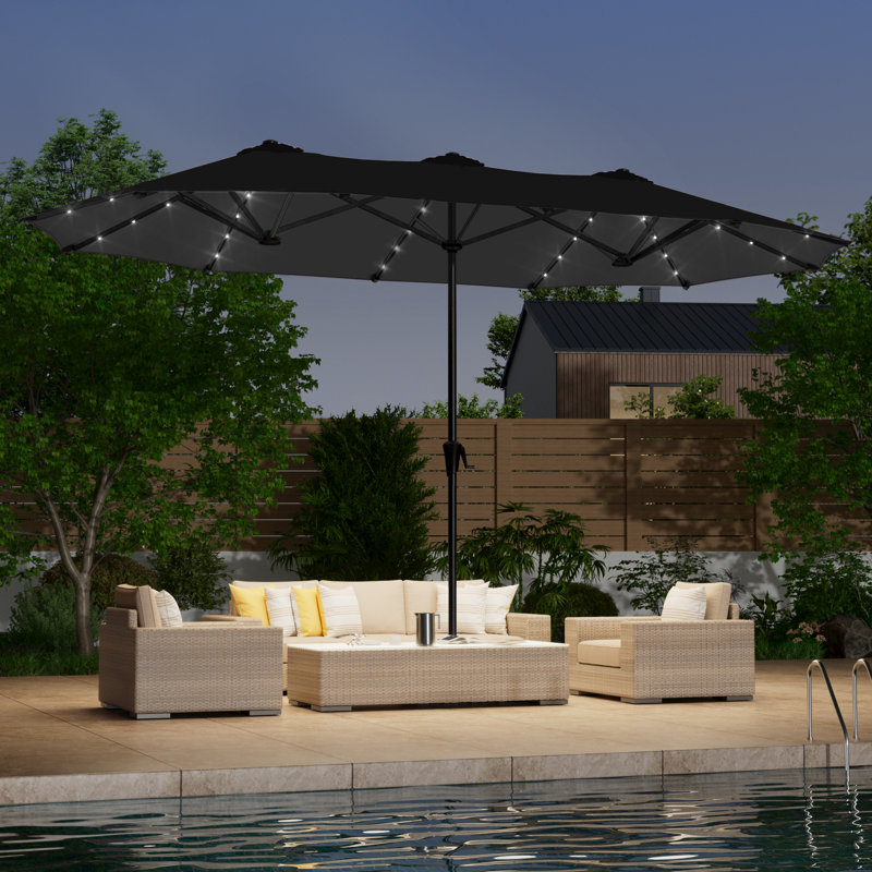 Parasol de marché extérieur à double face avec manivelle et support toutes saisons 13 pi x 7,2 pi à DEL avec manivelle pour terrasse