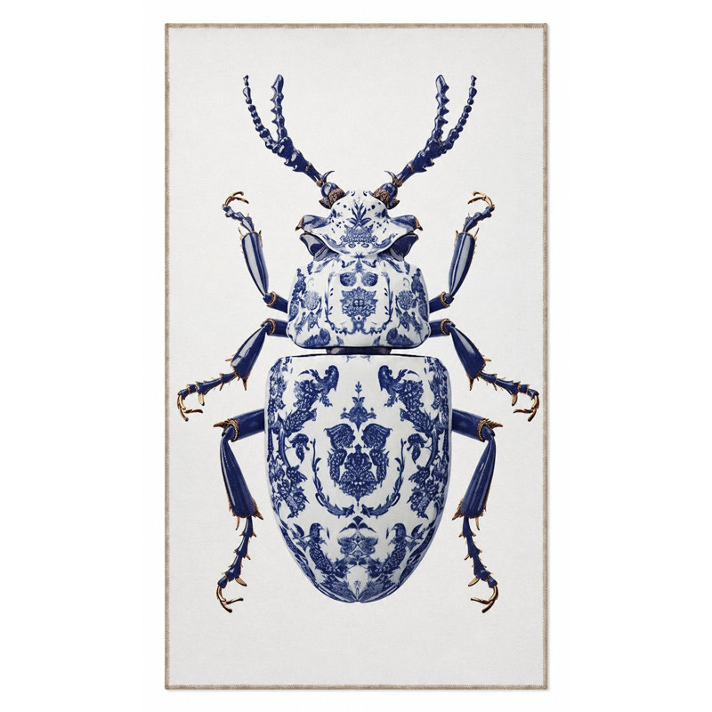 Blue Insect Patterned Washable Carpet, Runner 2'6" x 6'7"