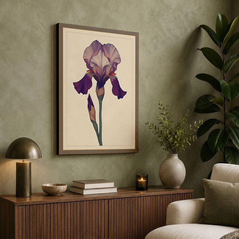 Purple Iris Study Botanical - Wrapped Canvas, 36x24 - 91.4 x 61.0 cm, Taupe Border