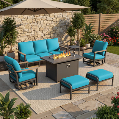 Ensemble de patio extérieur en aluminium pour 7 personnes avec table de foyer 55 000 BTU, accoudoirs d'aspect bois, coussins de 5,12 po, fauteuils pivotants et repose-pieds