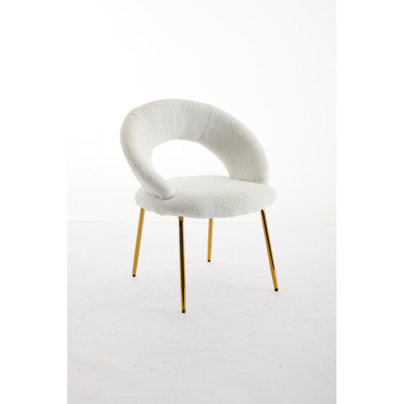 061-Ensemble de 1 chaises de salle à manger en tissu Teddy avec dossier incurvé et pieds en métal doré pour la cuisine ou la salle à manger, blanc