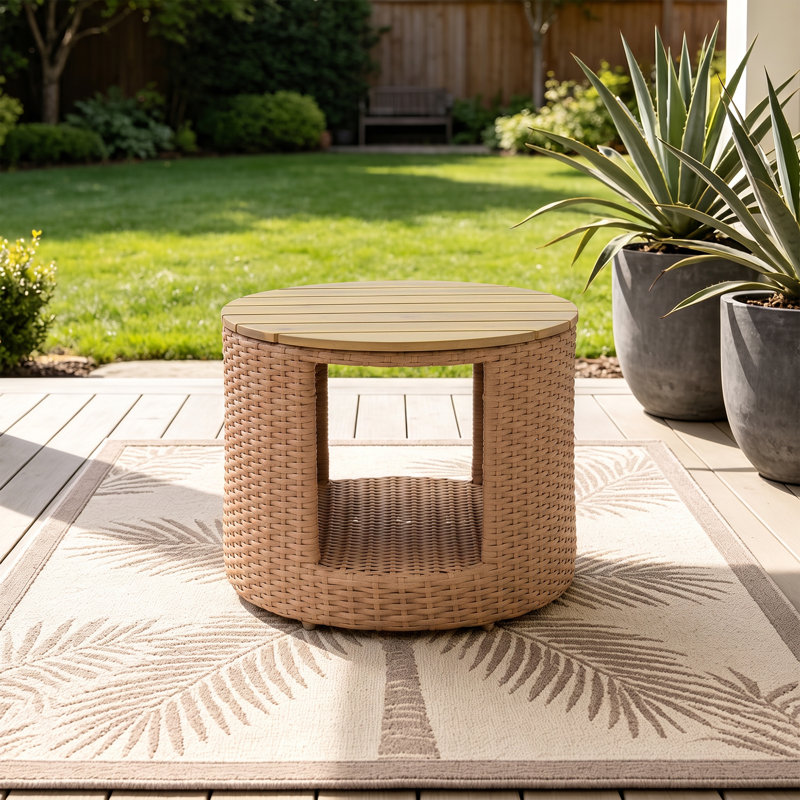 Patio Round Wicker End Table With Solid Acacia Slatted Top