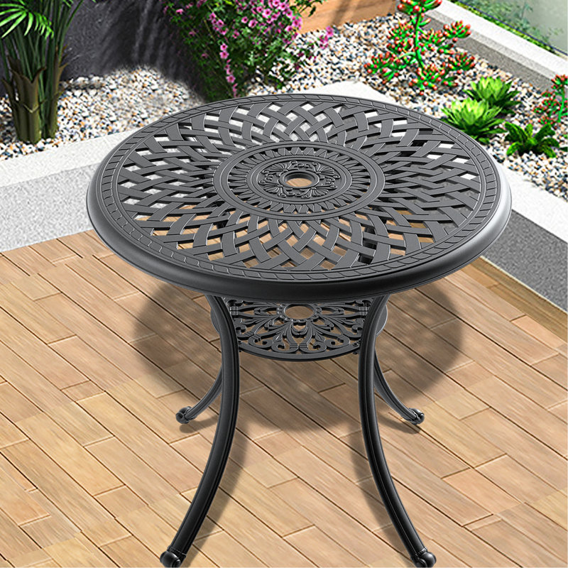 Table de salle à manger 30,49 pouces en fonte d'aluminium avec structure noire et trou pour parasol - Rouille, espace, sièges confortables pour 4 patios, finition protégée, design ergonomique