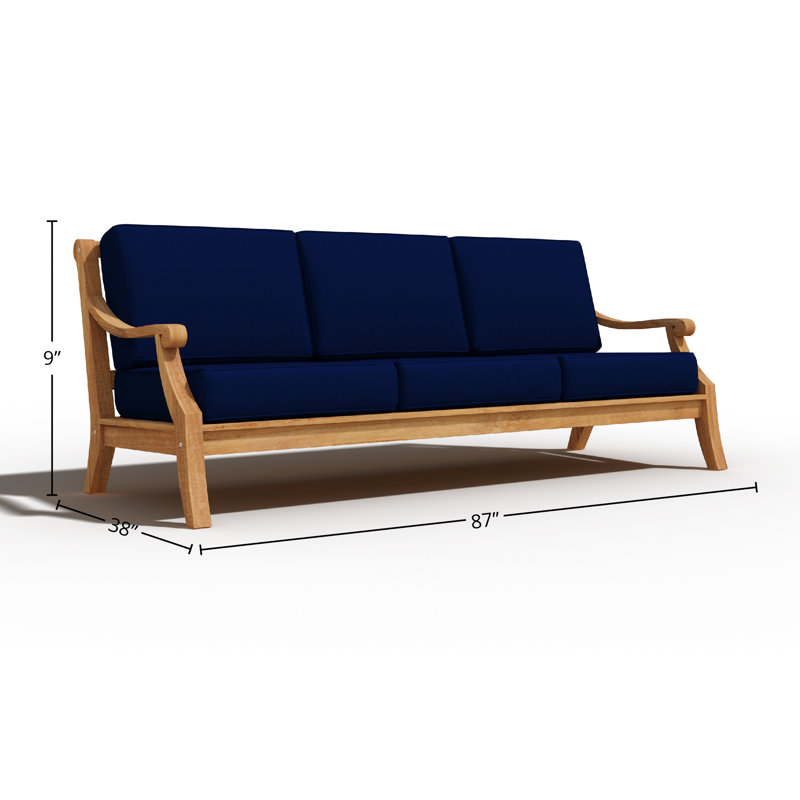 Ensemble de conversation d'extérieur 4 pièces en teck avec coussins Sunbrella Adrien, Bleu marine