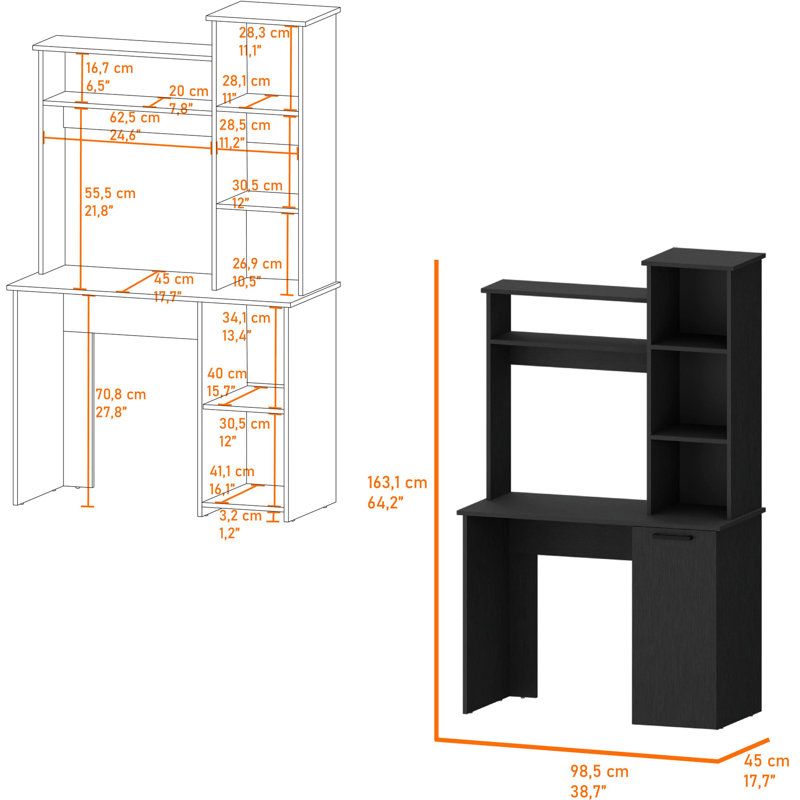 Rectangular Desk With 3 Shelves And Precise Office Storage Writing Functional, Black