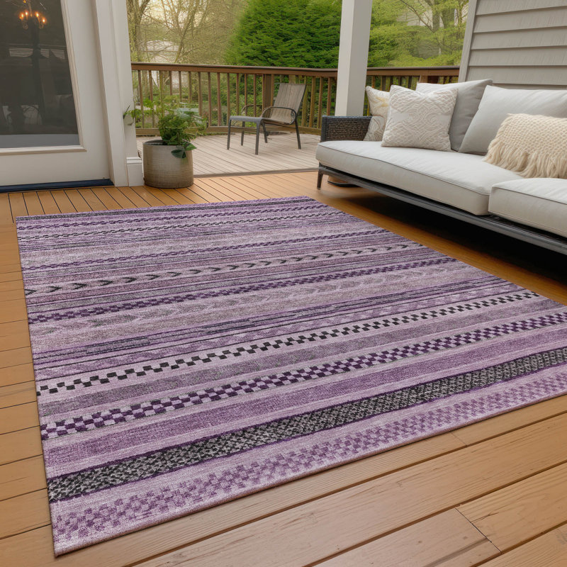 Plum and Gray Striped Washable Indoor/Outdoor Rug 3' x 5'