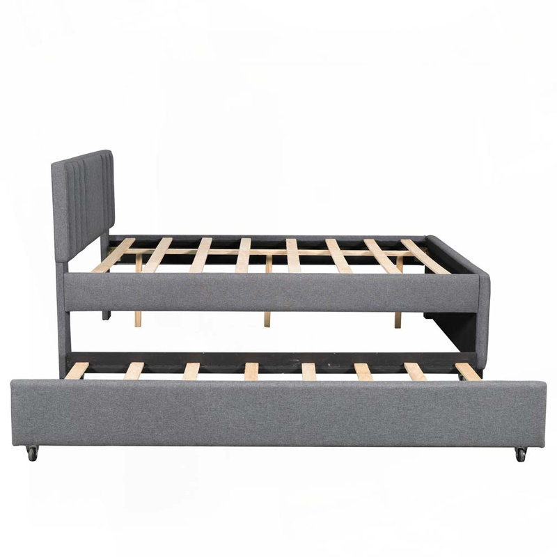 Lit plateforme tapissier en lin avec lit gigogne