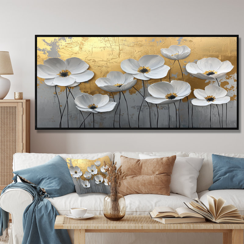 Fleurs blanches et dorées, forme pure de marbre V - art mural coquelicot, Noir, noir, noir, noir, H 28 po x l 60 po